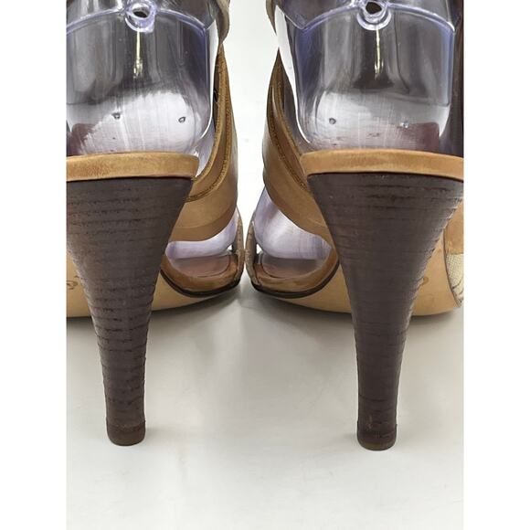 CHLOE Strap Leather Canvas Gladiator High Heel Brown Beige Sandal Sz 36/5.5 - Picture 8 of 10